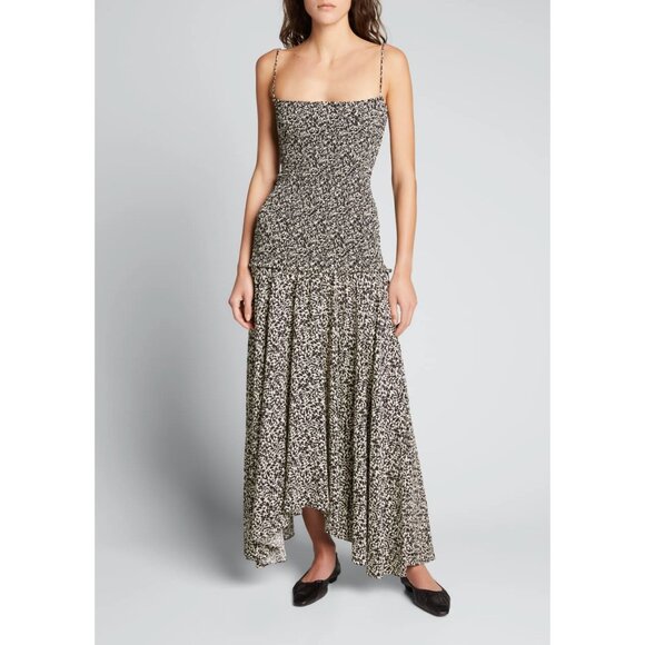 Proenza Schouler Floral Smocked Handkerchief Hem Midi Maxi Sundress Brown 12 - Picture 1 of 10